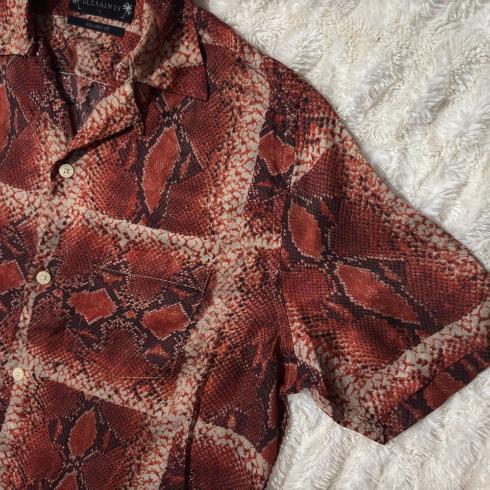 All Saints Red Snake Print Casual Button Down Shirt - Picture 7 of 15